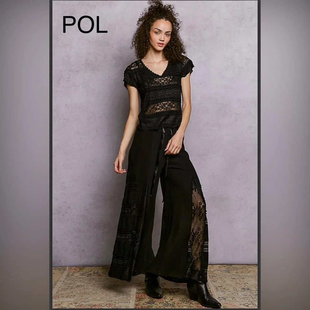 BPB217-9🖤NEW! POL spectacular black tie waist pants w/lace inset bottoms! wow! - Picture 1 of 7